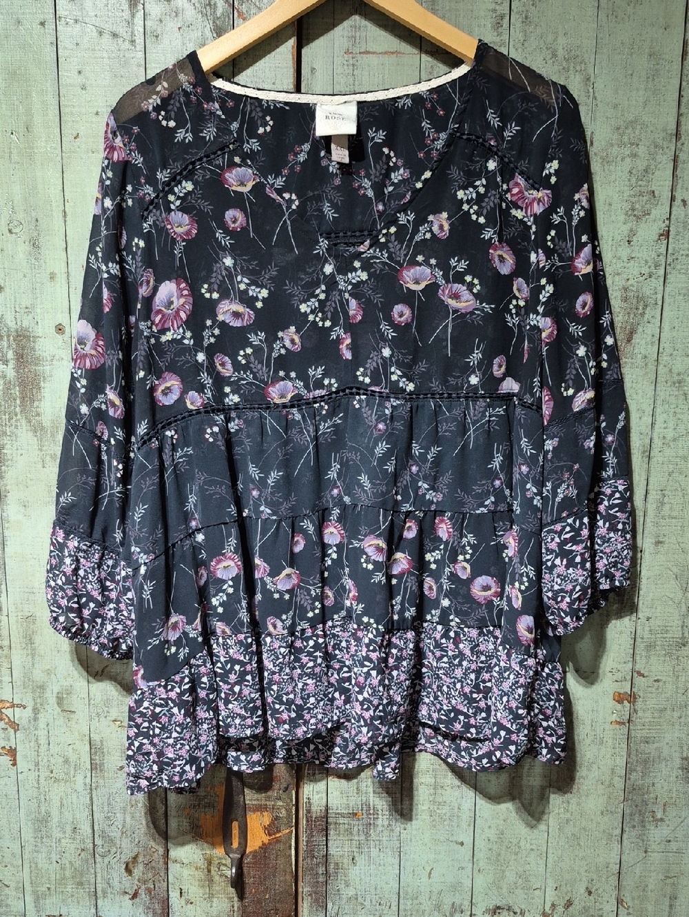 Knox Rose Black Tunic Top with Purple Floral Print